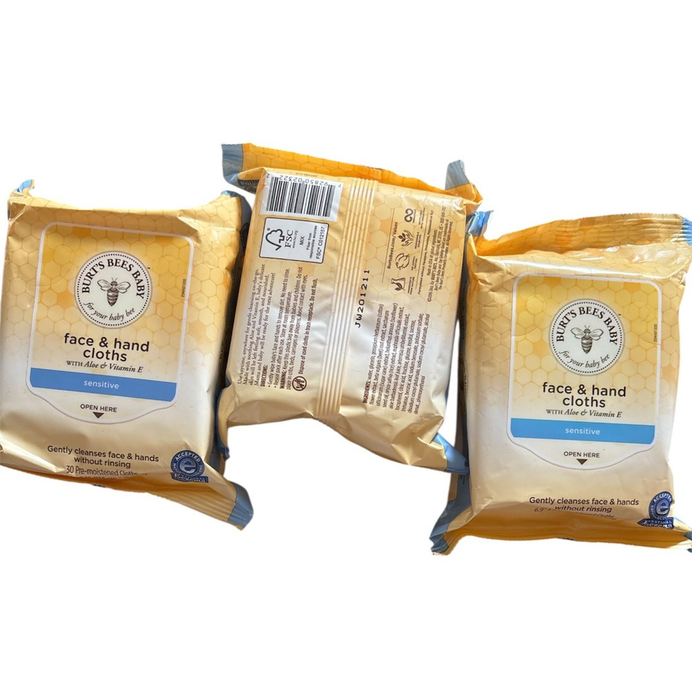 3 Burt's Bees Baby Face & Hand Cloths, Unscented Cleansing Wipes, 30 ea 90 total